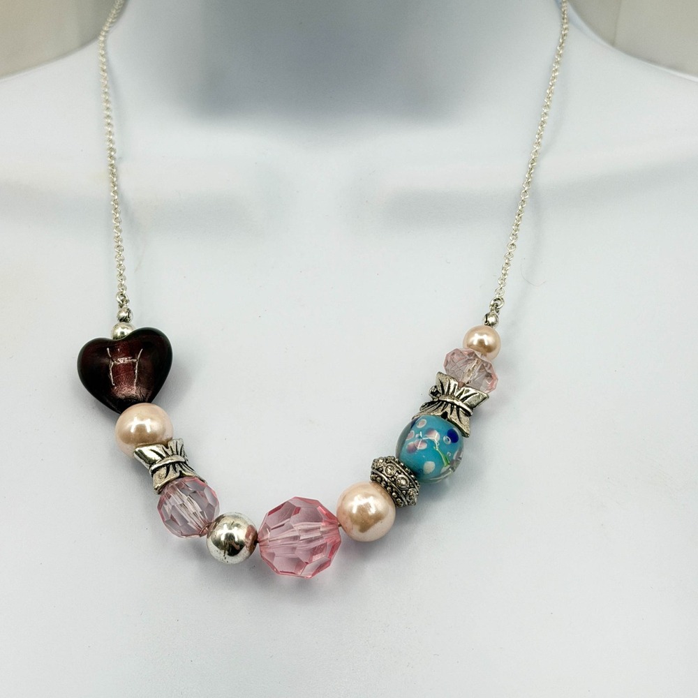 SAQ Silver Tone Beaded Heart Necklace Pink Blue Lampwork Glass Bead Butterfly